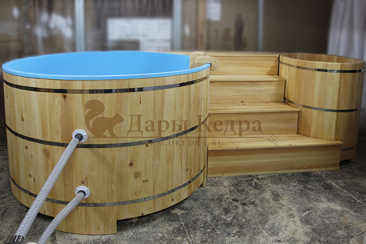 Купель двойная круглая гладкая столярная из кедра с пластиковой вставкой